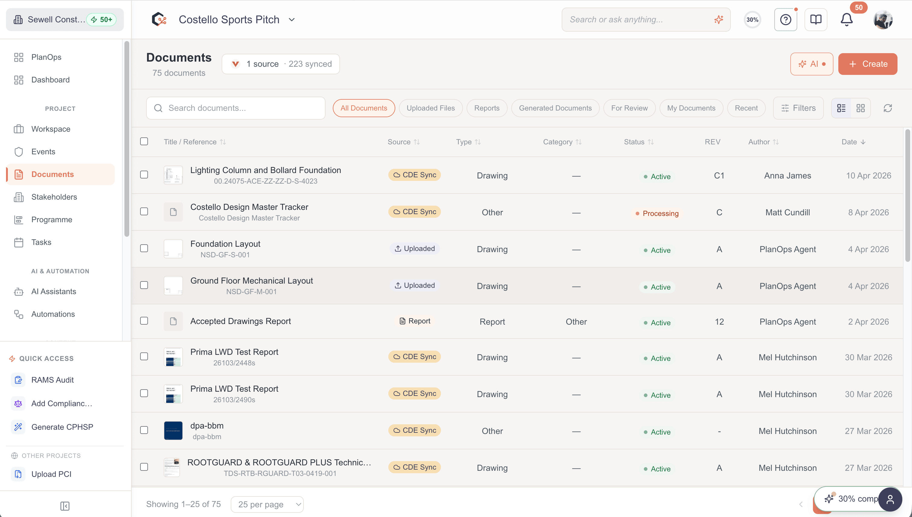 PlanOps Document Intelligence showing CDE integration, document reading, extraction, and comparison