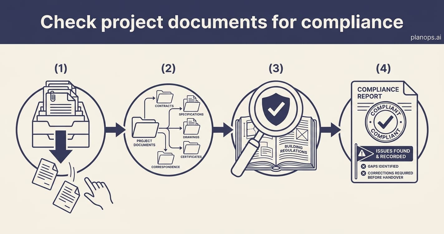A deep-indigo workflow banner above four steps, from a pending-document tray to a stamped Building Regs compliance report.