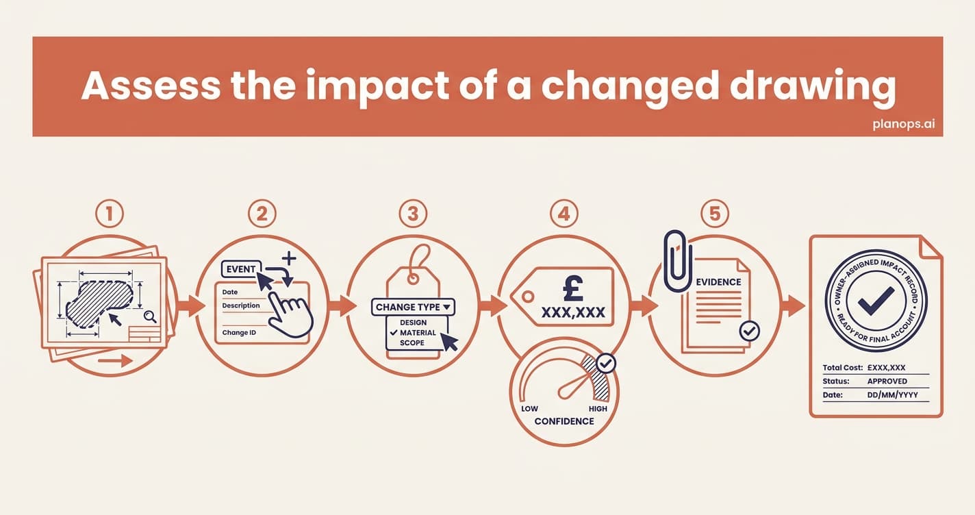 A terracotta workflow banner above five steps, from an AI review of the revised drawing to a costed, stamped impact record.
