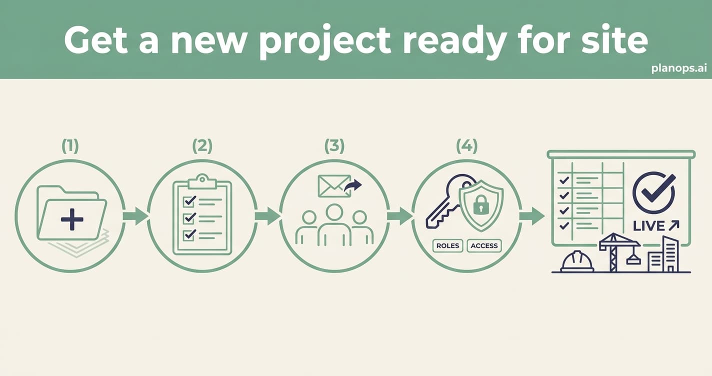 A sage-green workflow banner above four steps, from creating a project to a permissioned, site-ready workspace.