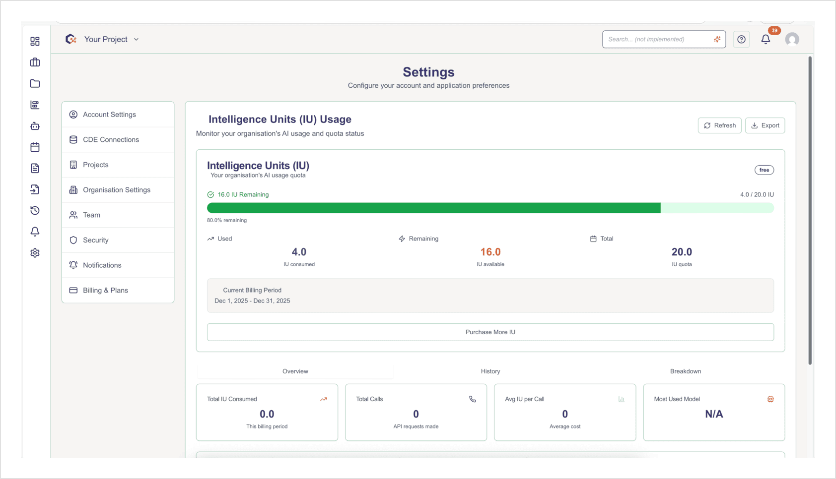PlanOps Usage Dashboard showing real-time Intelligence Unit consumption and ROI metrics
