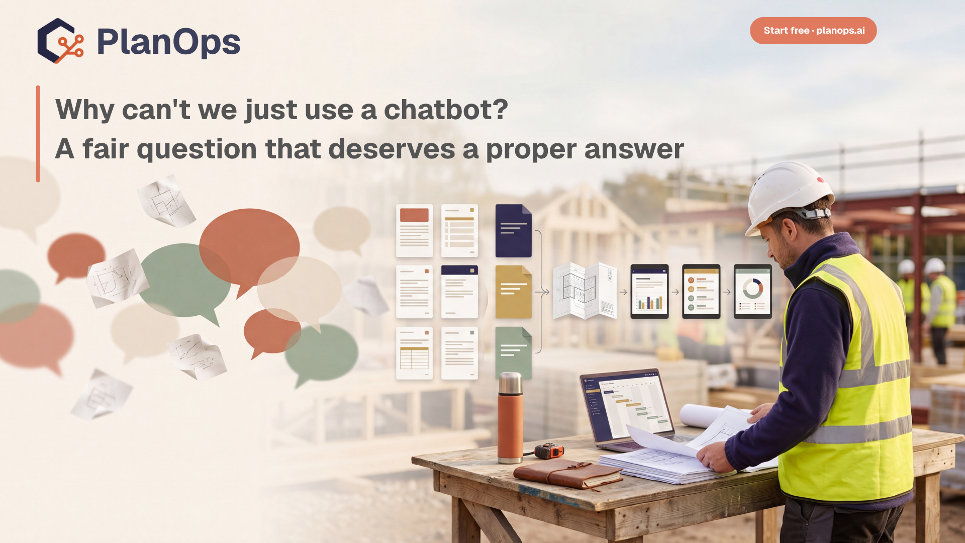 PlanOps article graphic showing a construction worker reviewing documents as chat bubbles turn into structured project records