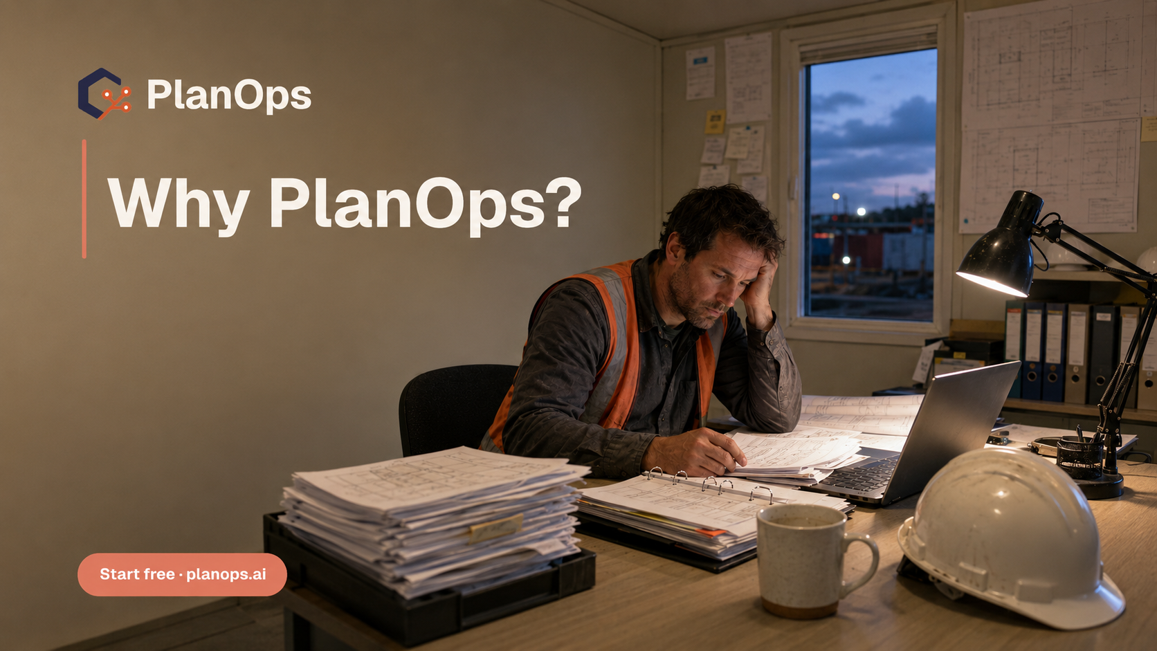 A construction project manager working through paperwork late in the office